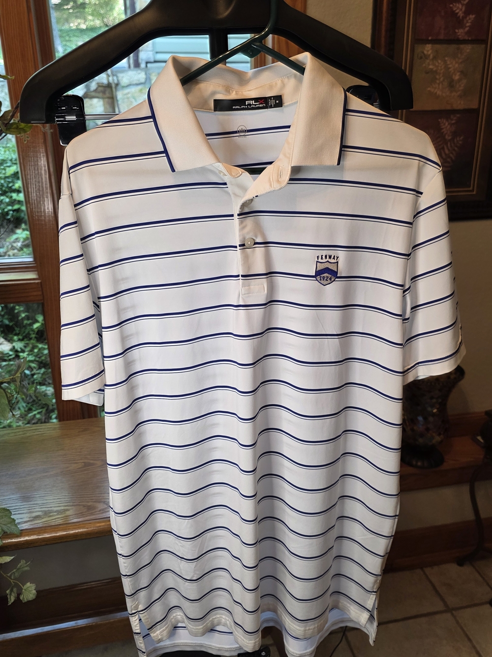 RLX Ralph Lauren Cream & Navy Striped Wicking Golf Polo w/ Fenway Golf Logo Sz M